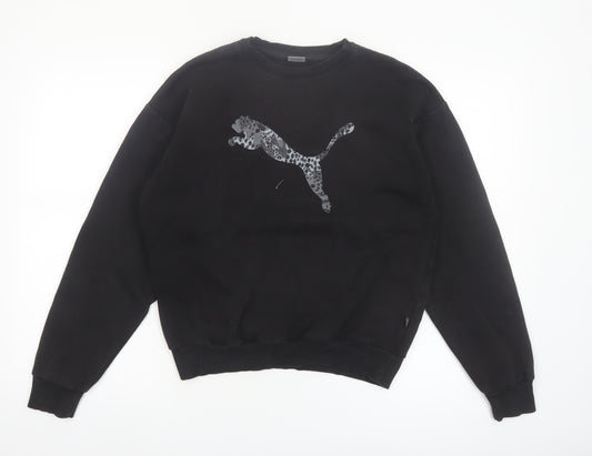 Puma Womens Black Small Pullover Sweatshirt Leopard Logo Cotton Blend