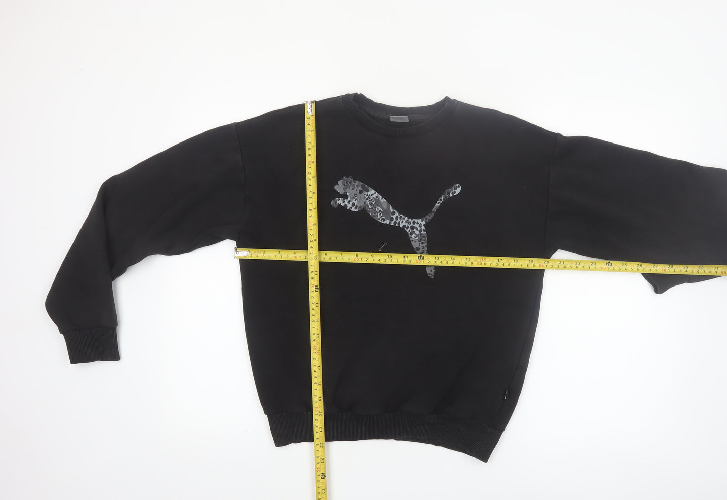 Puma Womens Black Small Pullover Sweatshirt Leopard Logo Cotton Blend
