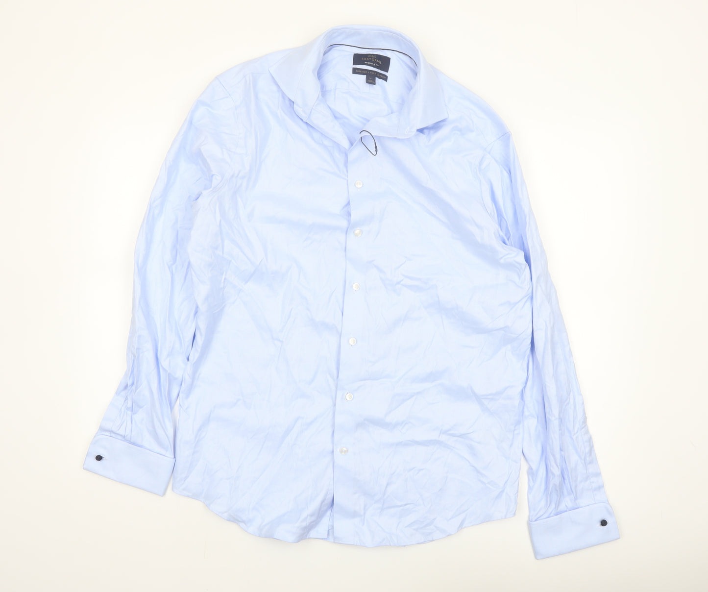 Marks and Spencer Men’s Blue Regular Fit Long Sleeve Cotton Button-Up Shirt 16”