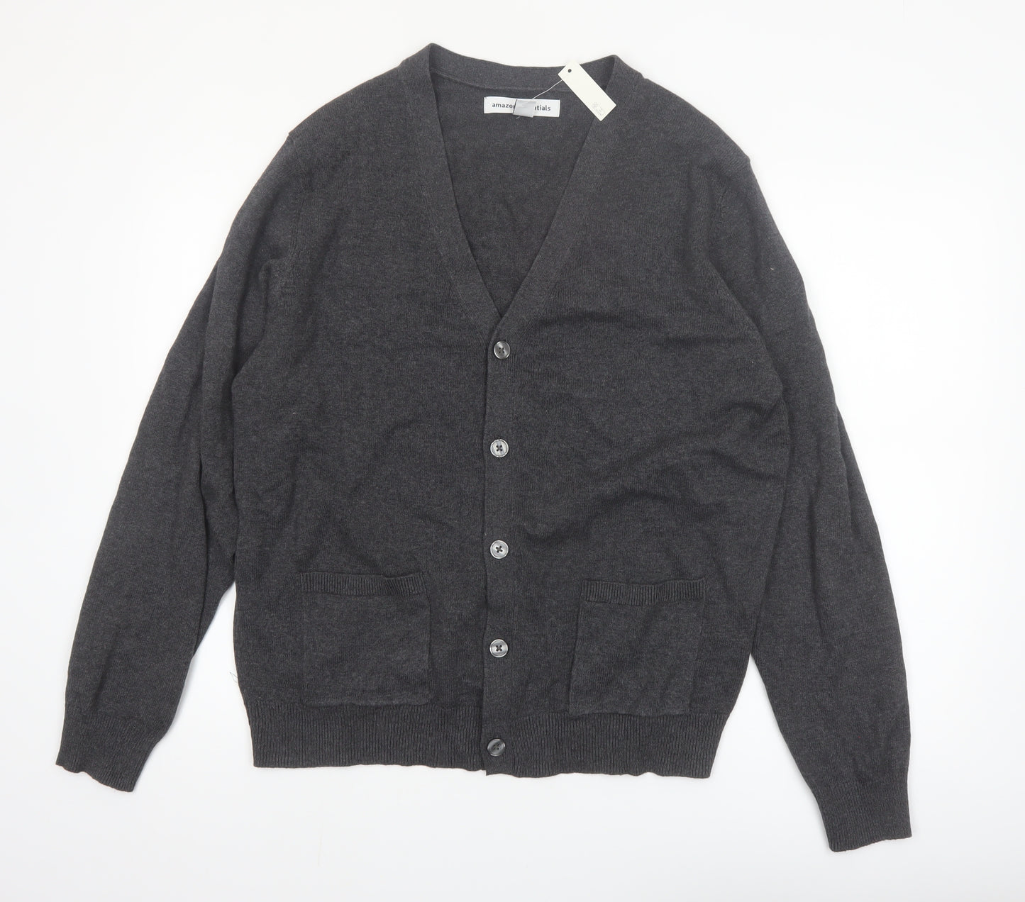 Amazon Essentials Men Grey Cotton Button Cardigan L Regular Fit