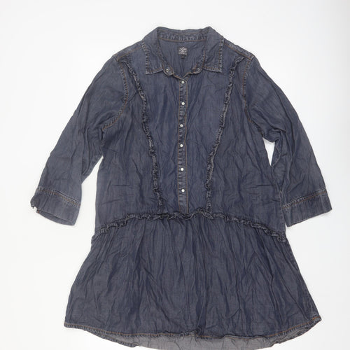 Little Wings Women Blue Chambray Shirt Dress M Collared Ruffle 3/4 Sleeve