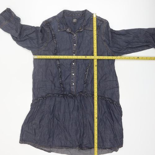 Little Wings Women Blue Chambray Shirt Dress M Collared Ruffle 3/4 Sleeve