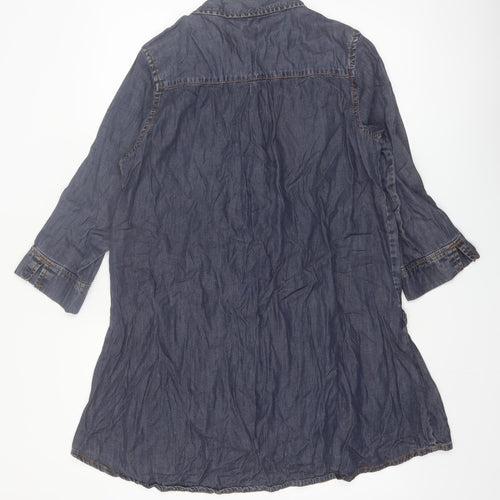 Little Wings Women Blue Chambray Shirt Dress M Collared Ruffle 3/4 Sleeve