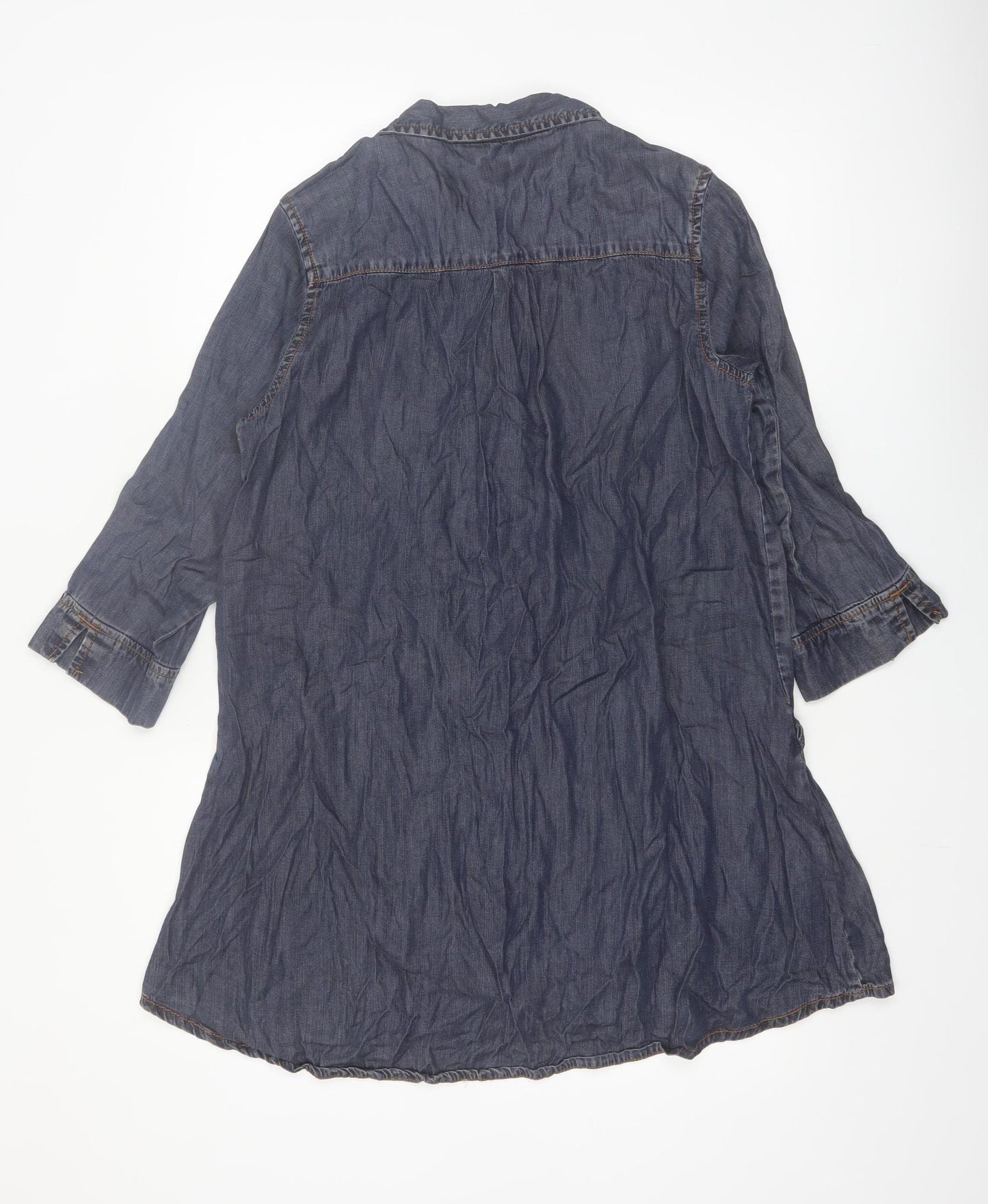 Little Wings Women Blue Chambray Shirt Dress M Collared Ruffle 3/4 Sleeve