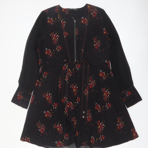 Trend by Captain Tortue Black Floral A-Line Zip Belted Dress Size 10
