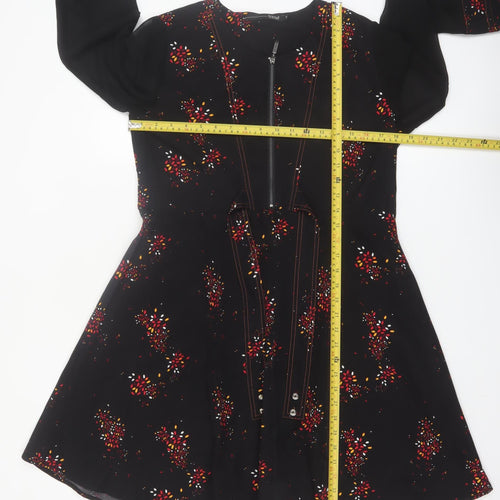 Trend by Captain Tortue Black Floral A-Line Zip Belted Dress Size 10