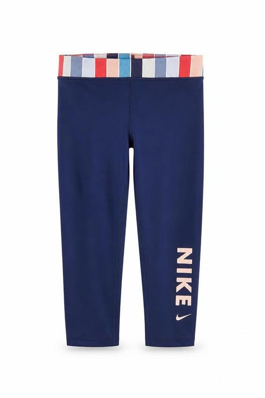 Front view of Nike girls’ navy dri-fit xl leggings with striped waistband activewear