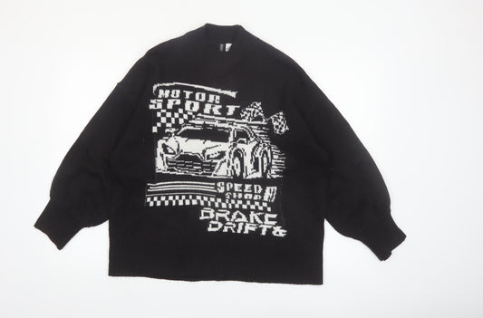 H&M Divided Womens Black XS Graphic Pullover Jumper Crew Neck