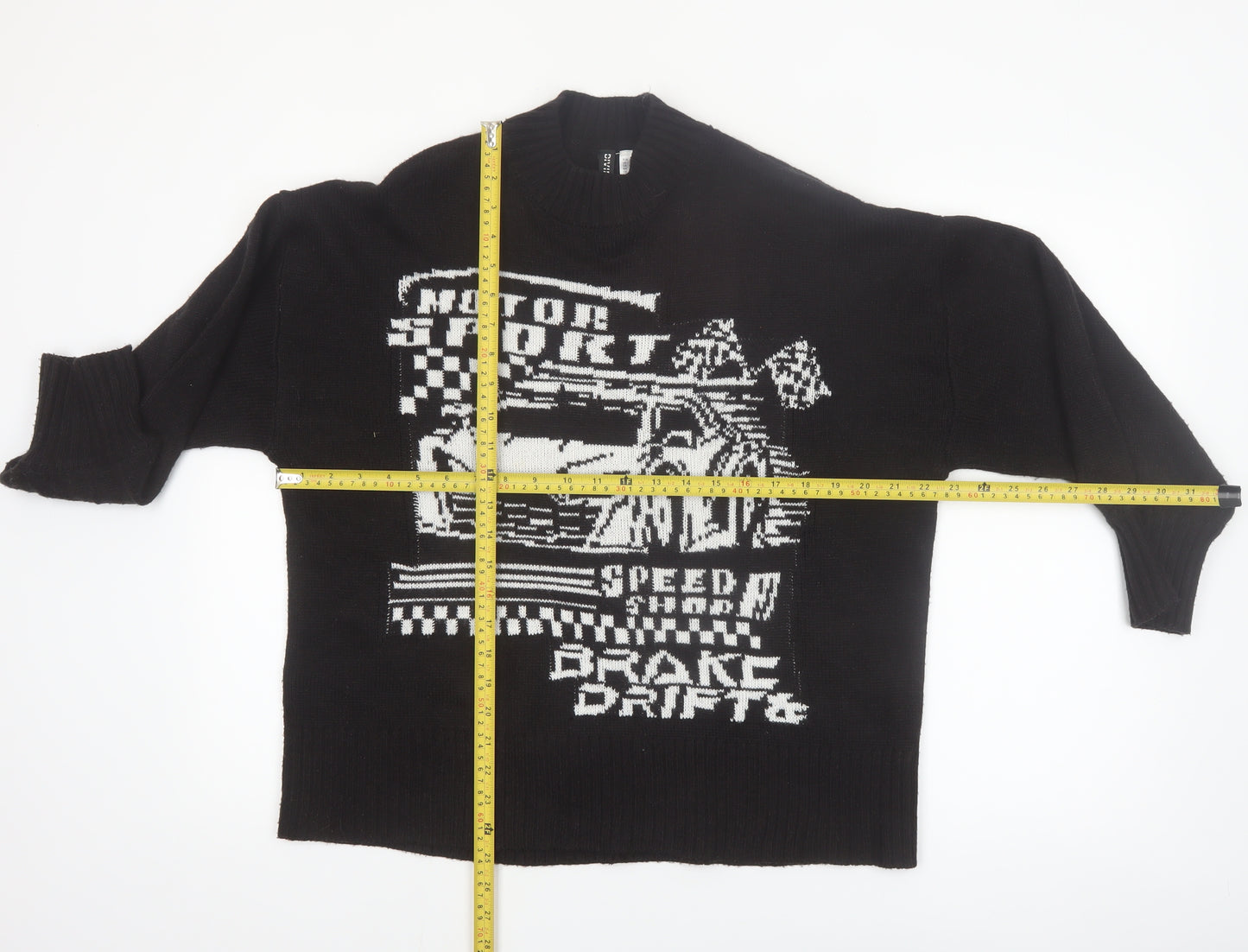H&M Divided Womens Black XS Graphic Pullover Jumper Crew Neck