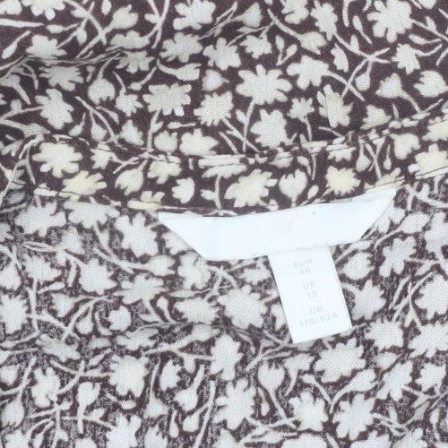 H&M Women Brown Floral Viscose Short Sleeve Tunic Blouse UK 12