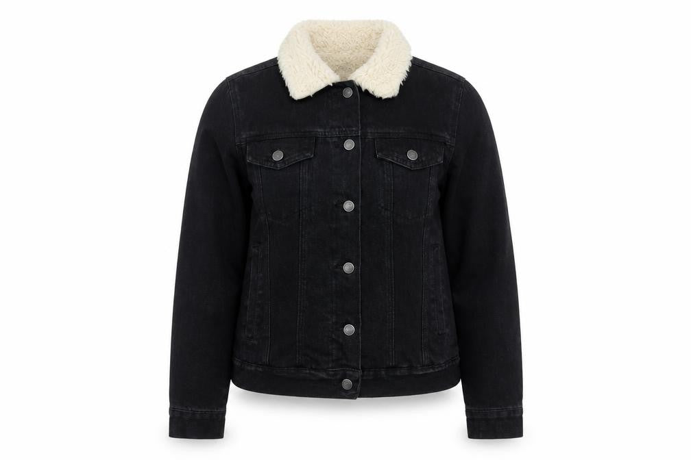 Front view of Denim Co women’s black sherpa collar jacket, size UK 10, regular cotton blend