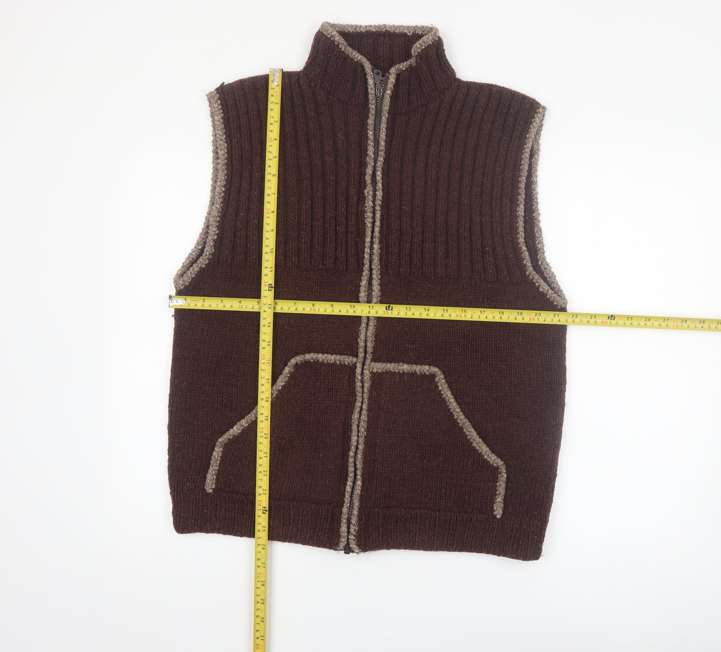 E.C.C. Men's Brown Wool Full Zip Sleeveless Vest XL Handmade