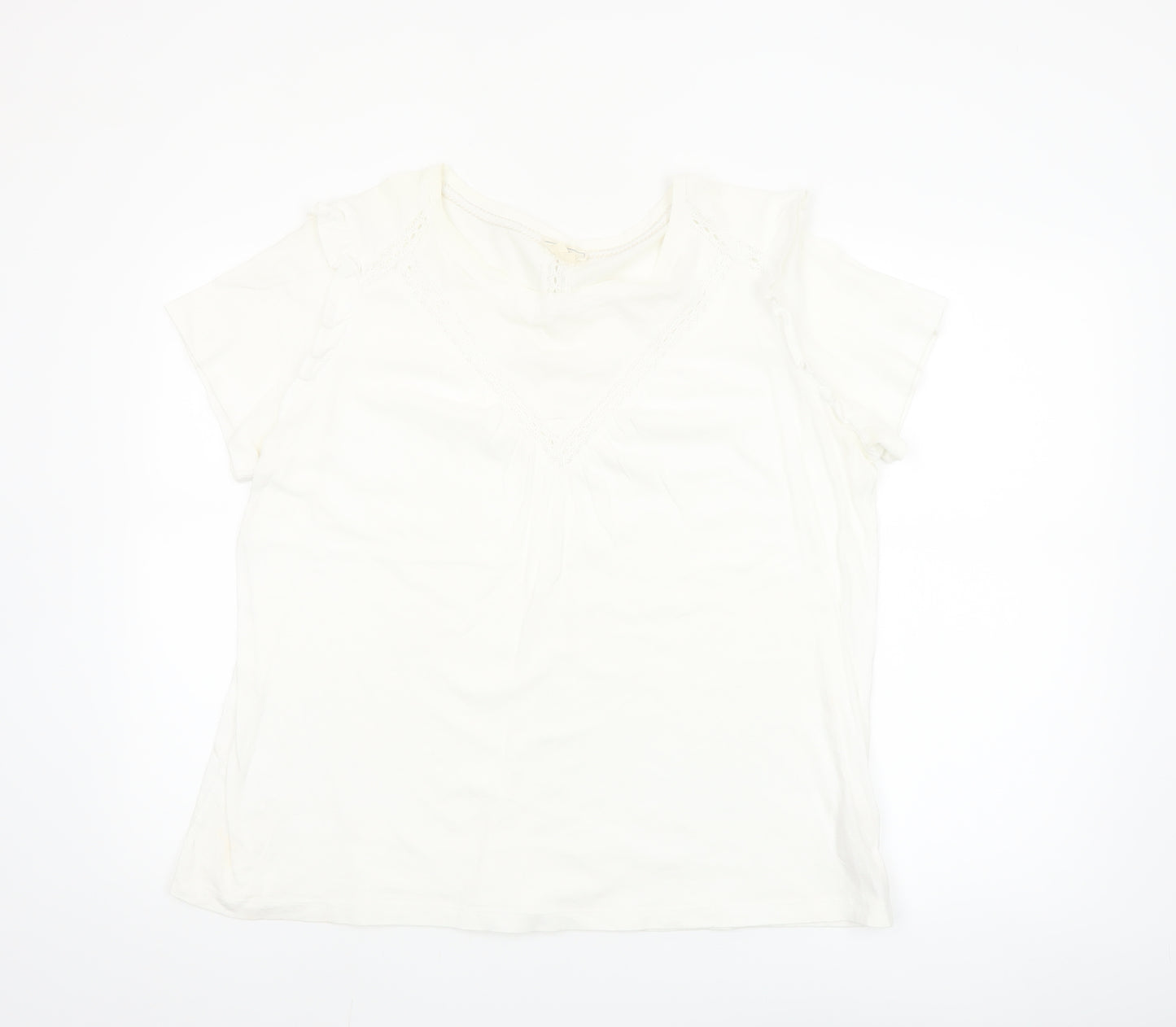 Fat Face Women's Ivory Lace Trim V-Neck Cotton T-Shirt UK 16