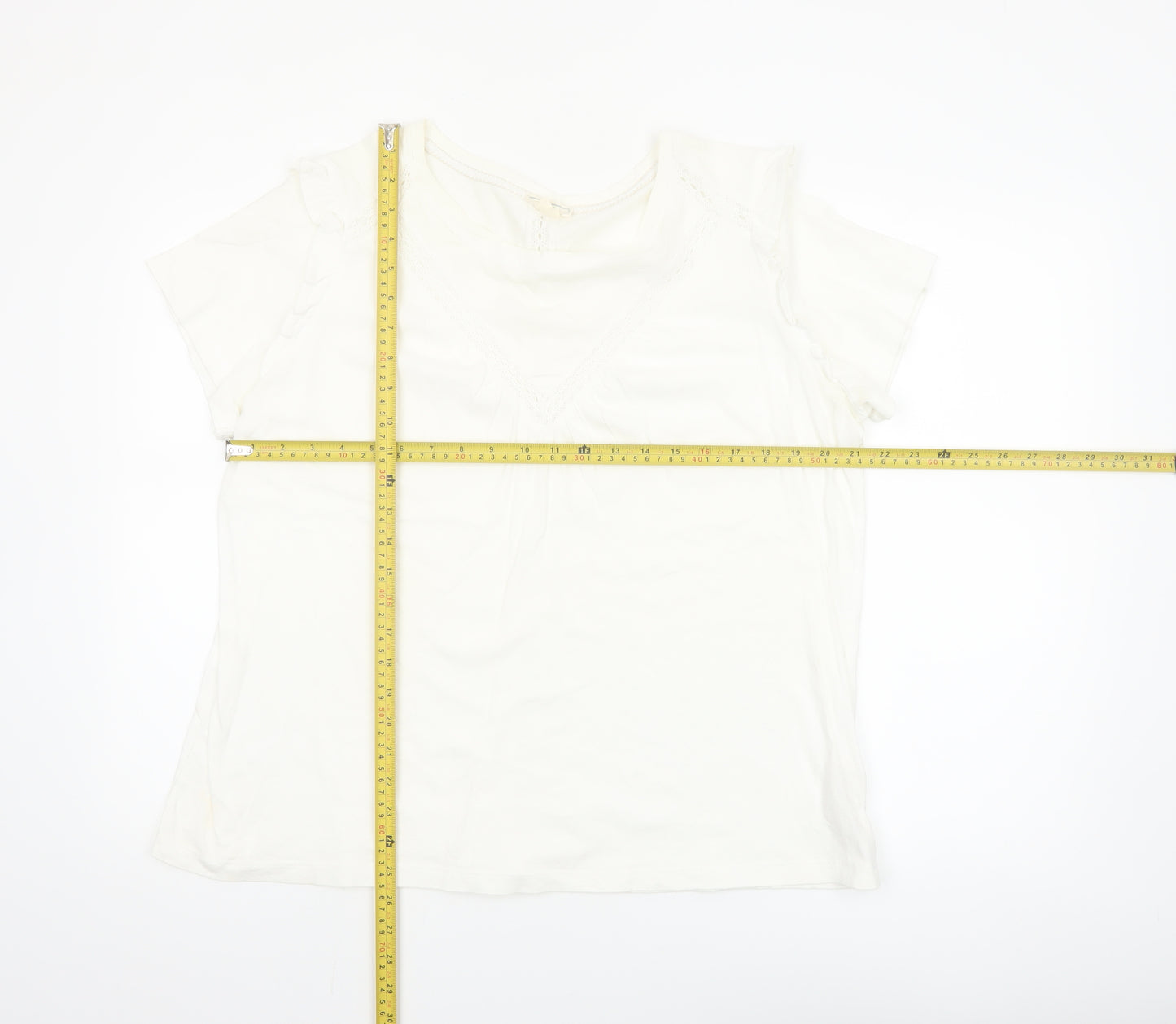 Fat Face Women's Ivory Lace Trim V-Neck Cotton T-Shirt UK 16