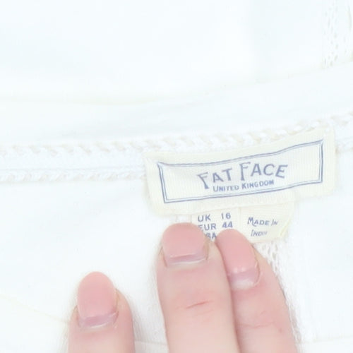 Fat Face Women's Ivory Lace Trim V-Neck Cotton T-Shirt UK 16
