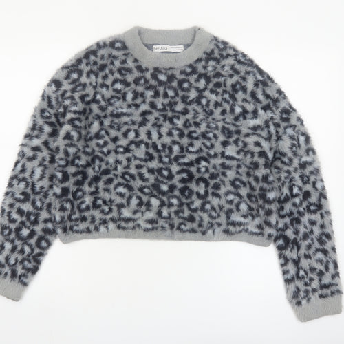Bershka Women's Grey Animal Print Long Sleeve Pullover Jumper XS
