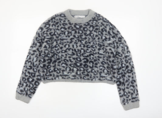 Bershka Women's Grey Animal Print Long Sleeve Pullover Jumper XS