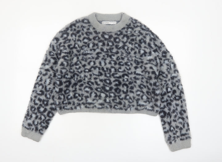 Bershka Women's Grey Animal Print Long Sleeve Pullover Jumper XS