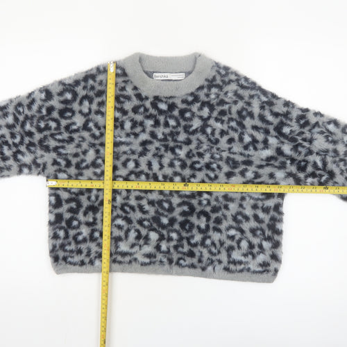 Bershka Women's Grey Animal Print Long Sleeve Pullover Jumper XS
