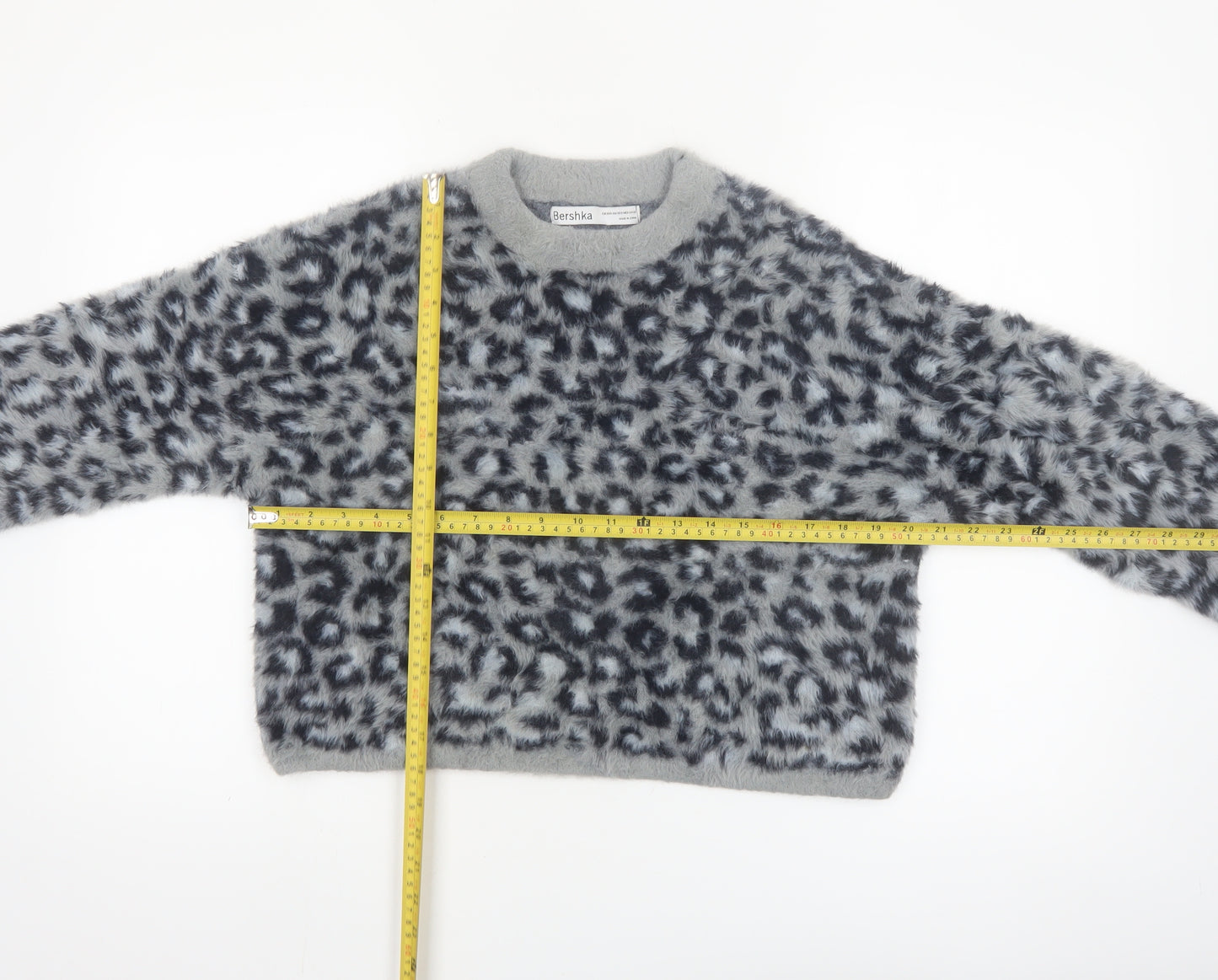Bershka Women's Grey Animal Print Long Sleeve Pullover Jumper XS