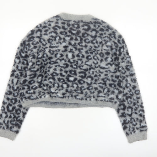 Bershka Women's Grey Animal Print Long Sleeve Pullover Jumper XS