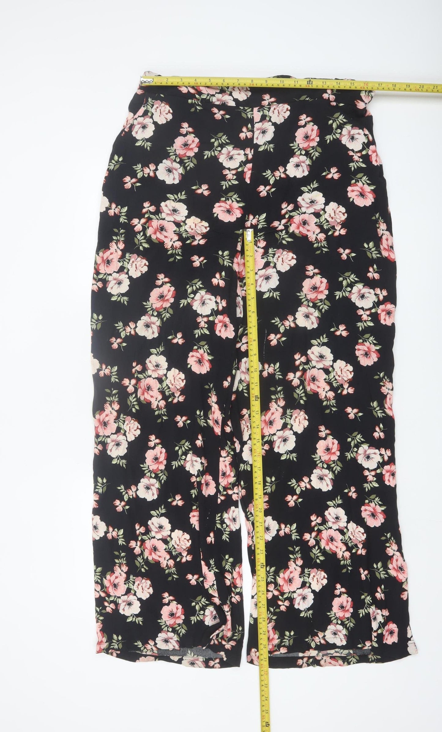 New Look Women’s Black Floral Wide-Leg Cropped Trousers Size 16