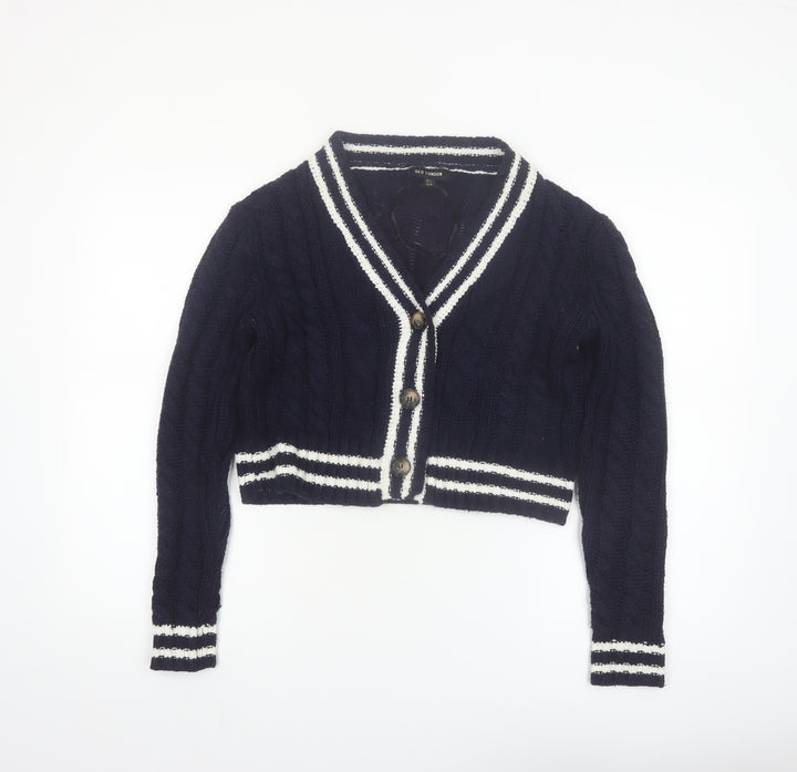 QED London Women's Blue Cable-Knit V-Neck Cardigan L
