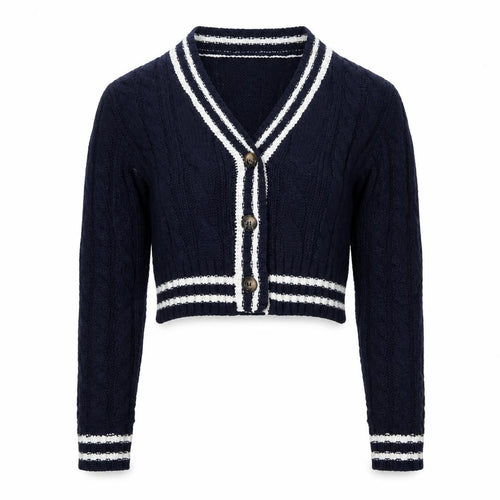 QED London Women's Blue Cable-Knit V-Neck Cardigan L