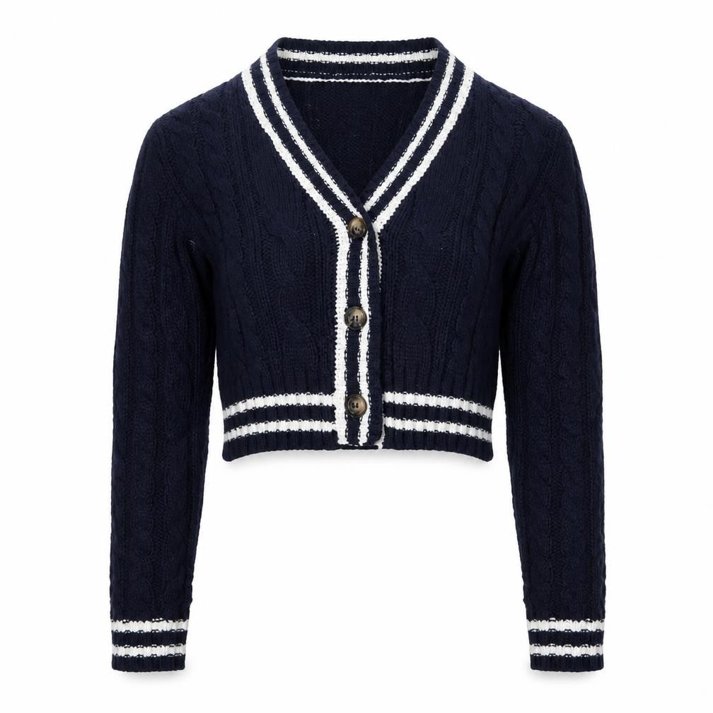 QED London Women's Blue Cable-Knit V-Neck Cardigan L