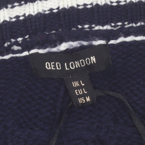 QED London Women's Blue Cable-Knit V-Neck Cardigan L
