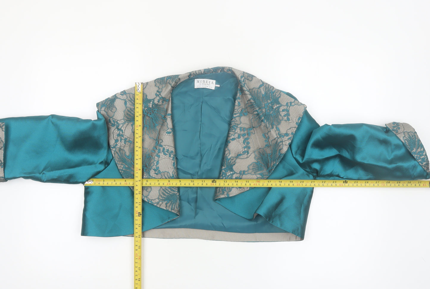 Mireia Women's Teal Lace Cropped Suit Jacket UK 14 Satin Bolero Evening Wear