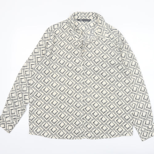 Zara Women Black Geometric Print Button-Up Shirt Size 12