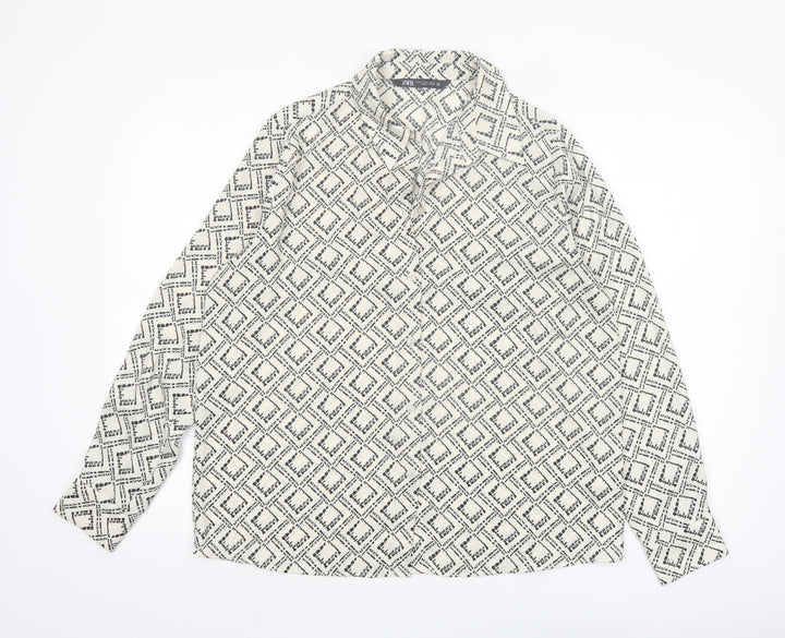 Zara Women Black Geometric Print Button-Up Shirt Size 12