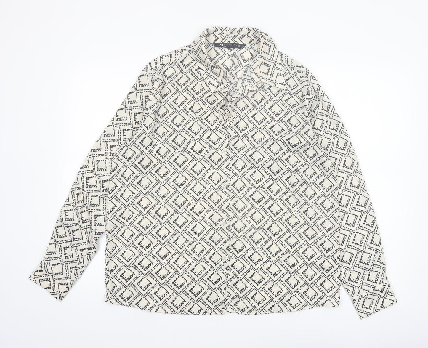 Zara Women Black Geometric Print Button-Up Shirt Size 12