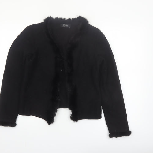 INTOWN Women’s Black Wool Fur Trim Cardigan M Classic Style