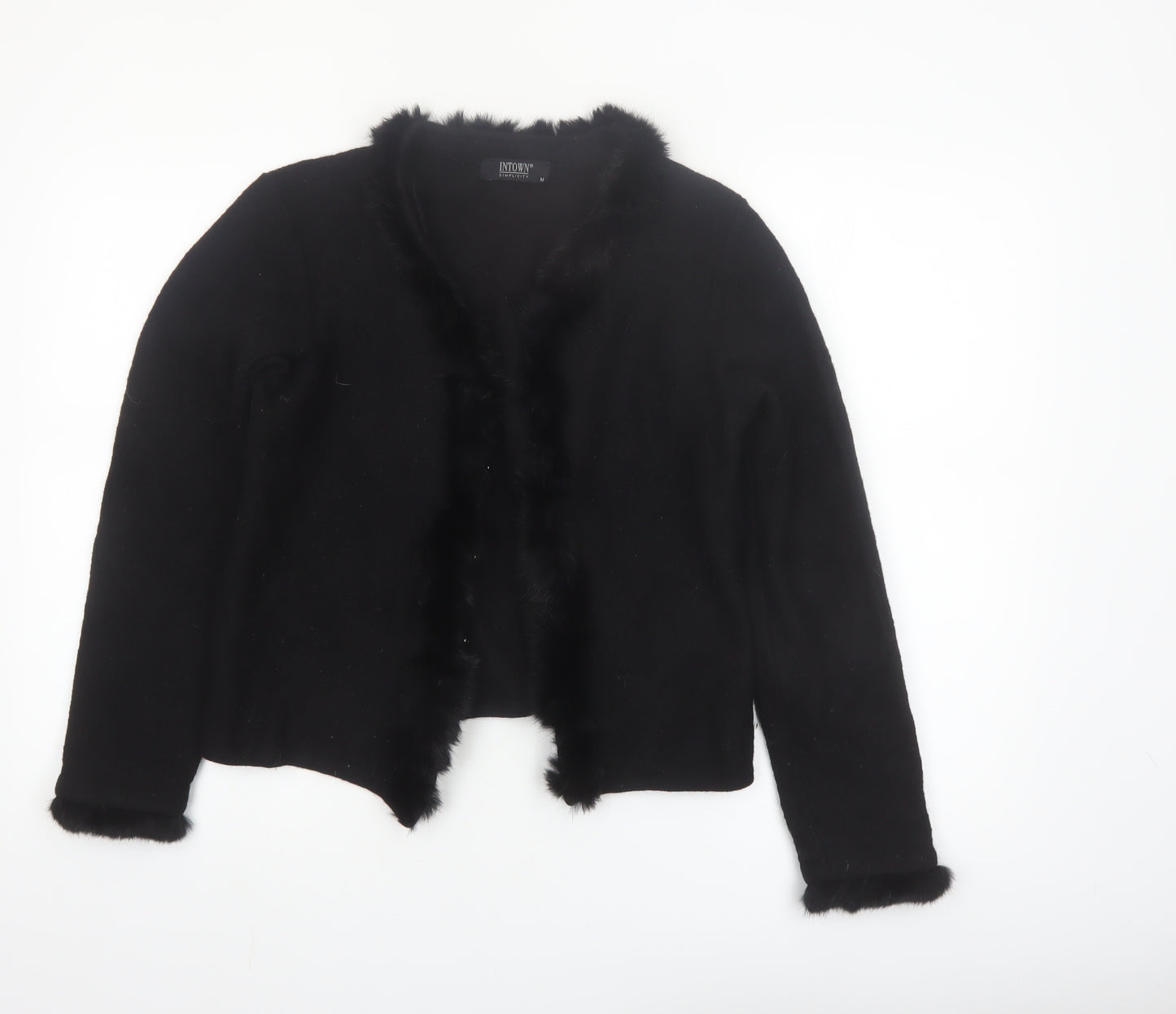 INTOWN Women’s Black Wool Fur Trim Cardigan M Classic Style