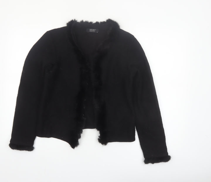 INTOWN Women’s Black Wool Fur Trim Cardigan M Classic Style