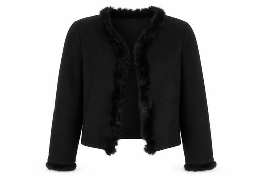 Front view of INTOWN Women’s Black Wool Fur Trim Cardigan M Classic Style