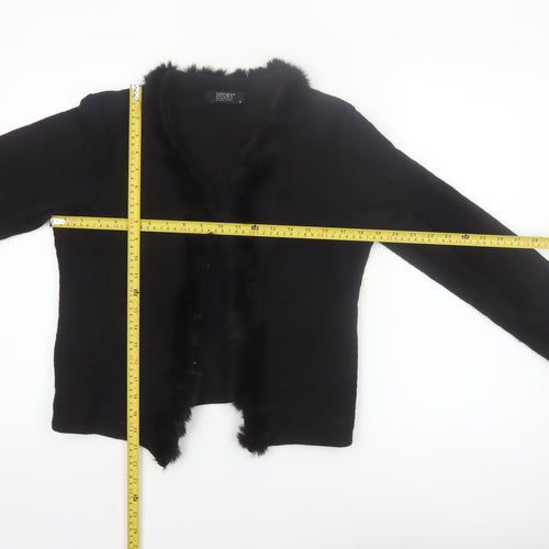 INTOWN Women’s Black Wool Fur Trim Cardigan M Classic Style