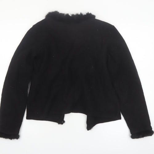 INTOWN Women’s Black Wool Fur Trim Cardigan M Classic Style