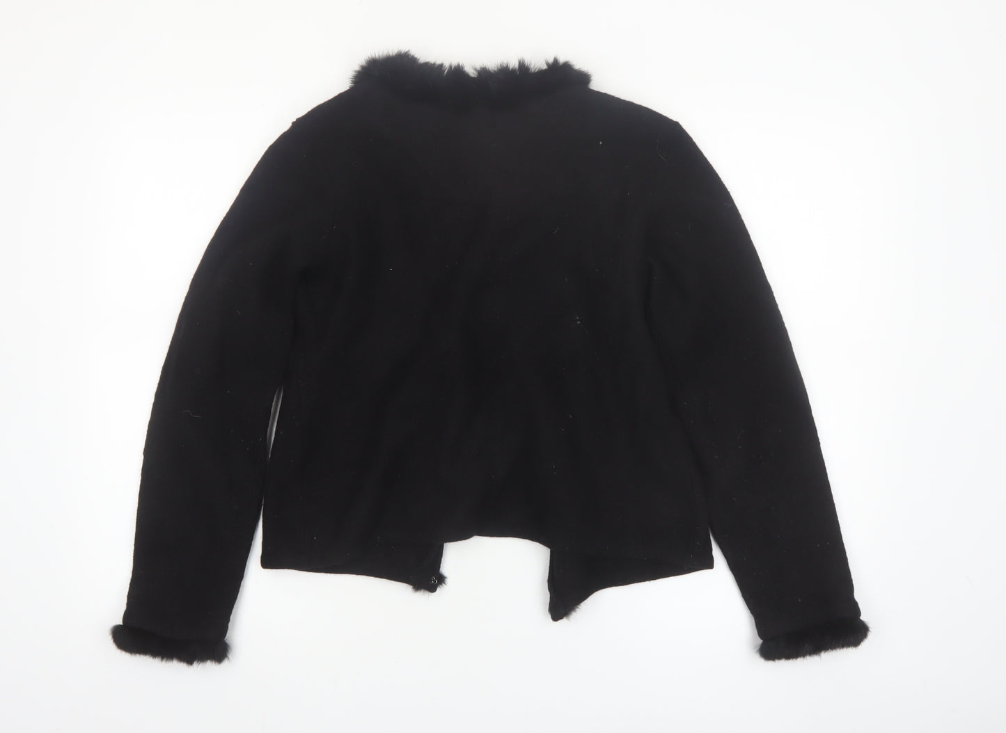 INTOWN Women’s Black Wool Fur Trim Cardigan M Classic Style