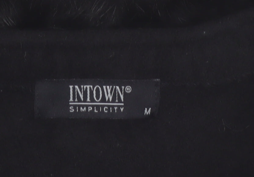 INTOWN Women’s Black Wool Fur Trim Cardigan M Classic Style