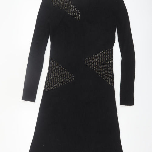 Fuego Women Black Knit Bodycon Studded Long Sleeve Dress M