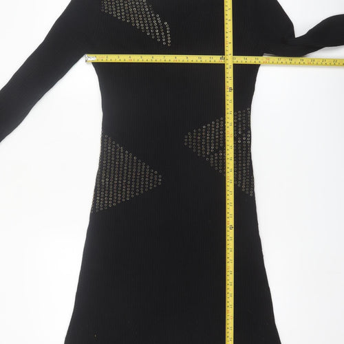 Fuego Women Black Knit Bodycon Studded Long Sleeve Dress M
