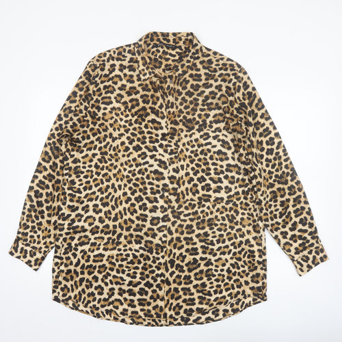 Zara Women Brown Leopard Print Long Sleeve Button-Up Shirt Size L