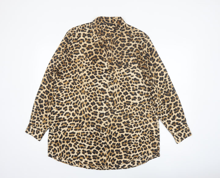 Zara Women Brown Leopard Print Long Sleeve Button-Up Shirt Size L