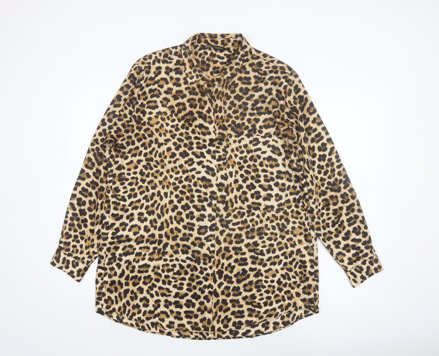 Zara Women Brown Leopard Print Long Sleeve Button-Up Shirt Size L
