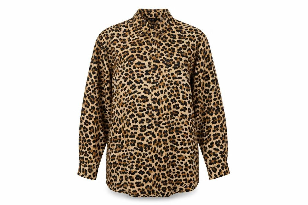 Front view of Zara Women Brown Leopard Print Long Sleeve Button-Up Shirt, size L