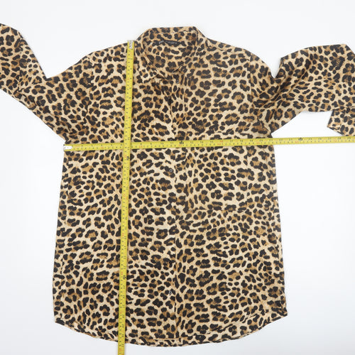 Zara Women Brown Leopard Print Long Sleeve Button-Up Shirt Size L