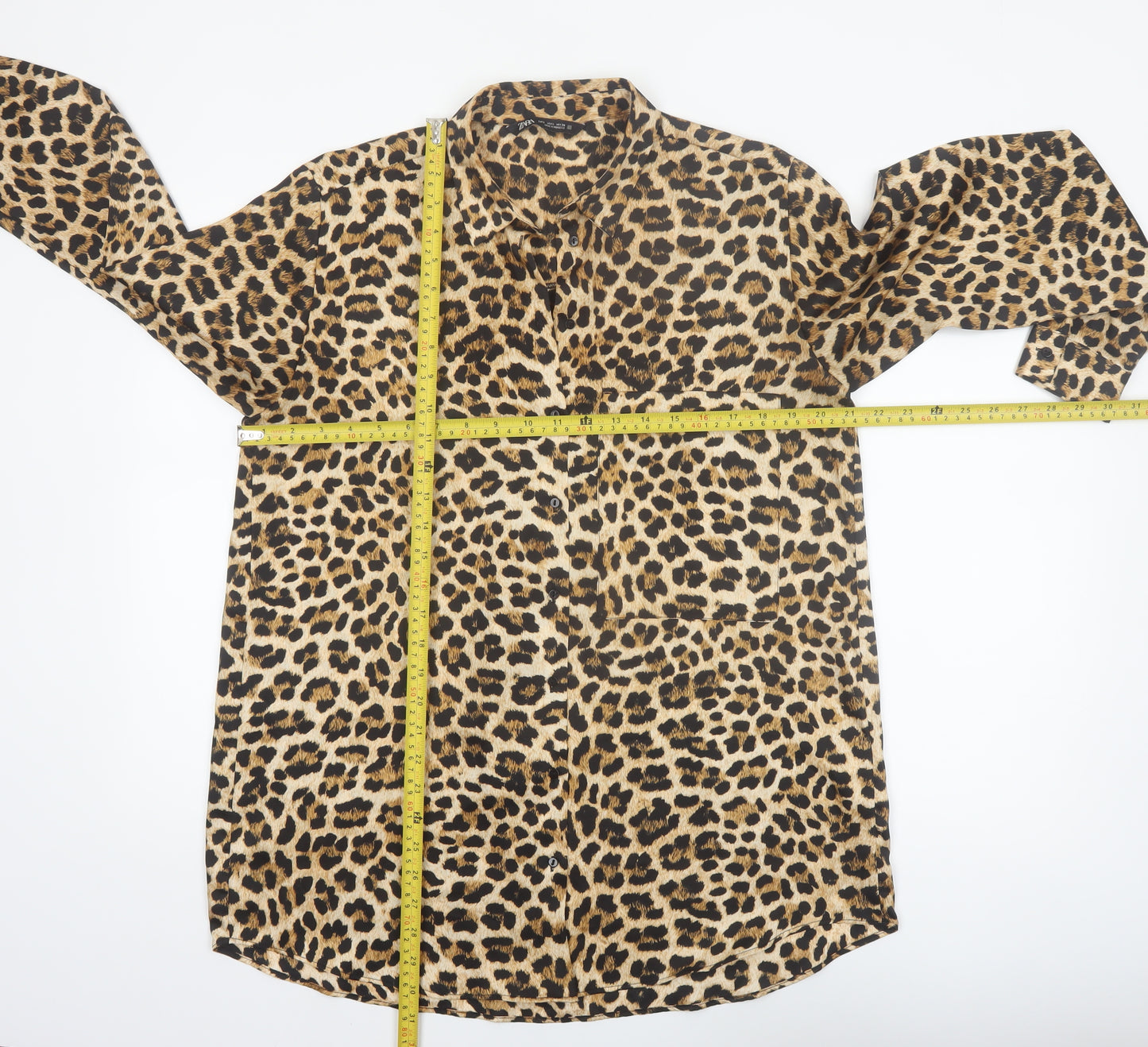 Zara Women Brown Leopard Print Long Sleeve Button-Up Shirt Size L